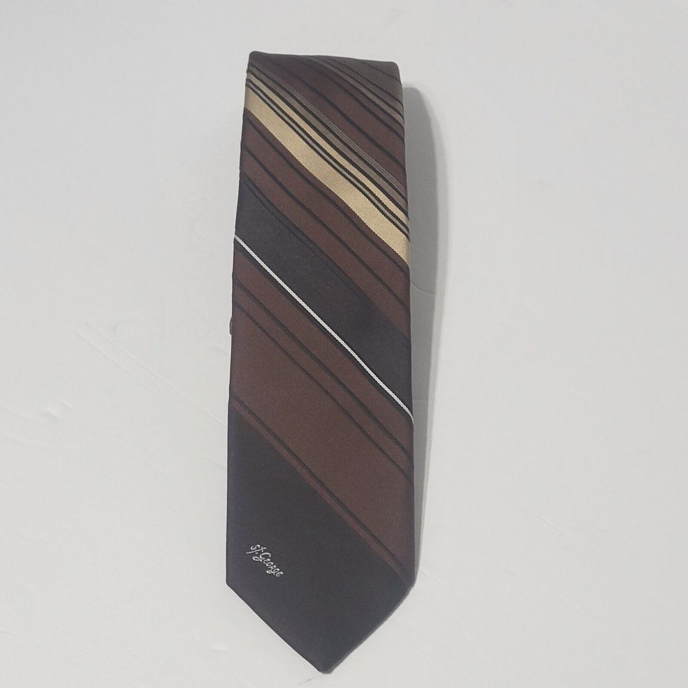 Vintage Allyn St. George Mens Brown Diagonal Strips Necktie Logo Tie 55"X 3"